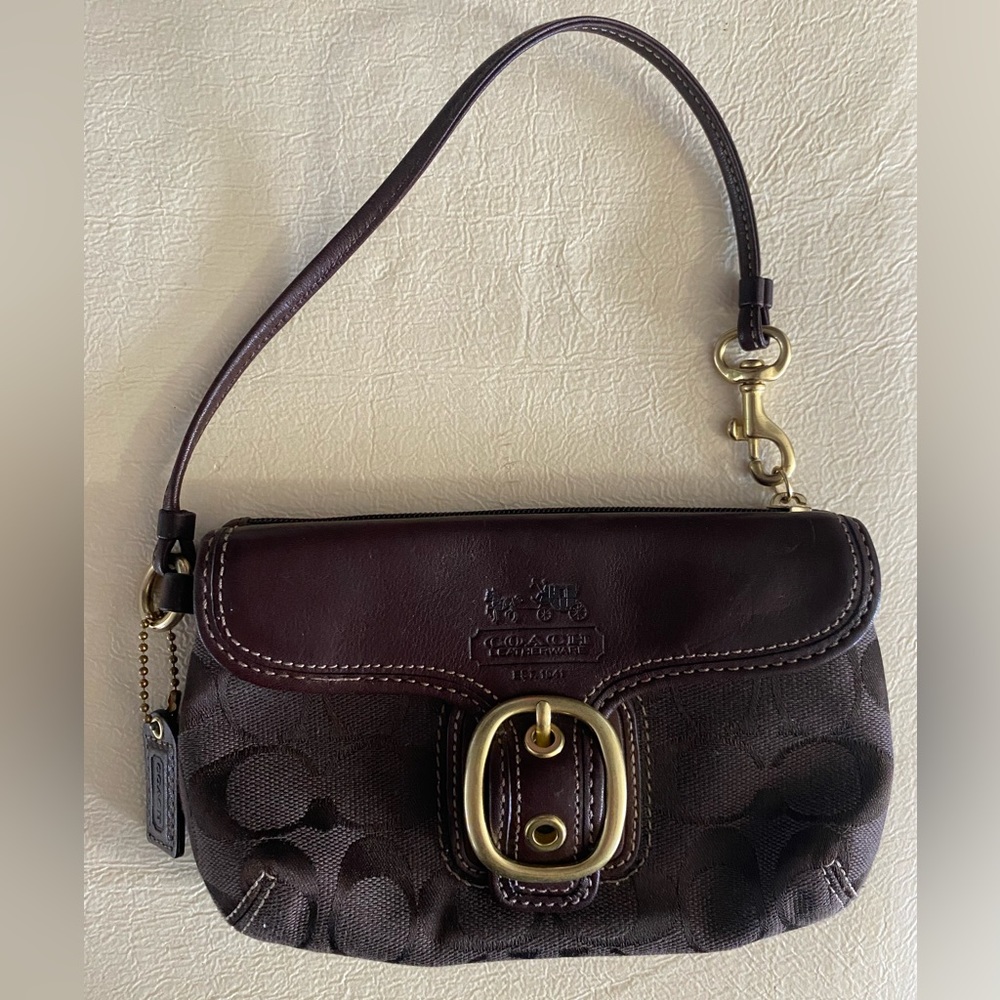 Coach Bleecker Signature Canvas and Leather Wristlet Chocolate Brown.